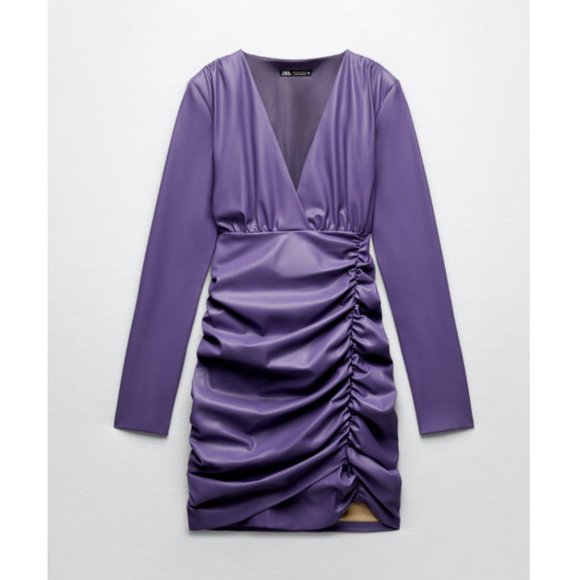 ZARA WOMEN NEW FAUX LEATHER DRESS SHORT Draped PURPLE 2134/322 S M - Picture 8 of 10